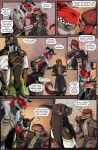 anthro arkant_monanza armor atrox_(reddrakkon) blush blush_lines bothered breastplate brown_body brown_hair cheek_spikes clothing comic curved_horn detailed_armor determined dialogue draconid dragon drip_effect dripping_speech_bubble english_text eye_contact facial_spikes flirting gauntlets gloves green_eyes group hair hand_on_shoulder handwear head_horn hi_res horn lizard long_hair looking_at_another male molnyshko multiple_scenes mythological_creature mythological_scalie mythology one_eye_closed onomatopoeia pauldron red_body red_scales reptile scales scalie shoulder_pads sound_effects speech_bubble spiked_shoulder_pads spiked_tail spikes spikes_(anatomy) standing surprised tail text trio upset wingless_dragon wink yellow_sclera