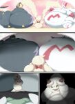2025 absurd_res alcremie belly big_belly comic feral fur generation_3_pokemon generation_8_pokemon group hi_res huge_belly kirlia lying nintendo on_back overweight pokemon pokemon_(species) seviper shweetmagnet strawberry_sweet_alcremie vanilla_cream_alcremie white_body white_fur yellow_eyes zangoose