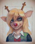 anthro antlers blonde_hair braces clothed clothing colored_pencil_(artwork) deer deltarune eyeshadow female freckled_face freckles fully_clothed hair headshot_portrait hi_res horn makeup mammal new_world_deer noelle_holiday portrait ragdishnak red_nose reindeer shirt shirt_collar smile solo teeth topwear traditional_media_(artwork) undertale_(series)