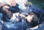  1girl absurdres animal_ears black_hair black_ribbon black_sailor_collar black_skirt blue_archive blue_halo blue_haori blue_neckerchief blue_tail cat_ears cat_tail commentary from_above full_body gradient_halo gradient_tail halo haori highres japanese_clothes kikyou_(blue_archive) looking_at_viewer lying multicolored_halo multiple_tails neck_ribbon neckerchief norimori on_back parted_lips plant ribbon sailor_collar shirt short_hair skirt solo tail two_tails white_shirt 