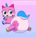 2025 absurd_res big_diaper blue_eyes blue_horn blue_tail cartoon_network clothed clothing dialogue diaper diaper_only domestic_cat duo english_text equid equine felid feline felis female feral fur hi_res horn huge_diaper hybrid lego looking_back mammal merrit_(artist) multicolored_body multicolored_fur mythological_creature mythological_equine mythology open_mouth pink_body pink_fur tail text the_lego_movie topless two_tone_body two_tone_fur two_tone_tail unicorn unicorn_horn unikitty unikitty! wearing_diaper white_tail