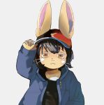 absurd_res alex_the_narehate clothing earthbound_(series) flowing_hair hair hat headgear headwear hi_res holding_clothing holding_hat holding_headgear holding_headwear holding_object jacket long_ears looking_at_viewer made_in_abyss maiconsandey male narehate nintendo shirt simple_background smile solo topwear whiskers