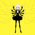  blonde_hair boots high_heels ken_(koala) monster_girl multiple_arms original pinky_out red_eyes red_string short_hair simple_background smile solo string yellow_background 