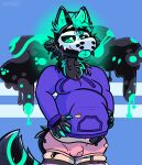 absurd_res anthro belly_grab big_tail black_body black_fur blue_background bubble bulge canid canine canis chonkaz clothing dripping fur glistening glistening_body goo_creature green_body green_fur grey_body grey_fur hi_res hypnosis latex latex_transformation legwear looking_at_self looking_down male mammal mask mind_control moobs obese onyx_(chonkaz) overweight pleased simple_background solo standing swirl tail thigh_highs tight_clothing torn_clothing trans_(lore) trans_man_(lore) transformation weight_gain whisker_spots wolf