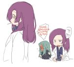  2boys ? alternate_hair_length_(longer) anpolly black_cloak blush cloak coat commentary_request flat_color full-face_blush green_hair holding male_focus medic_(sekaiju_4) medic_3_(sekaiju_4) multiple_boys night_seeker_(sekaiju) night_seeker_1_(sekaiju) open_mouth profile purple_hair sekaiju_no_meikyuu sekaiju_no_meikyuu_4 simple_background speech_bubble spoken_question_mark unlit_cigarette_in_mouth upper_body white_background white_coat yellow_eyes 