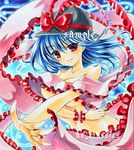  at_classics blue_hair blush bow breasts frills hat hat_bow hat_ribbon large_breasts marker_(medium) nagae_iku naked_ribbon ribbon sample shawl short_hair smile solo touhou traditional_media underboob 