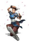  boots bracelet breasts brown_eyes brown_hair brown_legwear bun_cover china_dress chinese_clothes chun-li double_bun dress fighting_stance highres jewelry large_breasts pantyhose pelvic_curtain sash solo street_fighter woo_chul_lee 