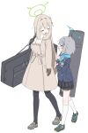  2girls absurdres ame_miya_ta animal_ear_fluff animal_ears bag black_pantyhose black_shoes black_skirt blazer blonde_hair blue_archive blue_eyes blue_halo blue_jacket blue_scarf brown_coat brown_gloves closed_eyes coat commentary_request cross cross_hair_ornament duffel_bag facing_another gloves green_halo grey_hair grey_shoes hair_ornament halo highres holding_strap id_card inverted_cross jacket kneehighs long_hair long_sleeves looking_at_another multiple_girls nonomi_(blue_archive) nonomi_(middle_school)_(blue_archive) pantyhose pleated_skirt scarf school_uniform shiroko_(blue_archive) shiroko_(young)_(blue_archive) shoes short_hair simple_background skirt socks very_long_hair walking white_background white_socks wolf_ears wolf_girl 