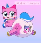 2025 absurd_res animate_inanimate blue_eyes blue_horn blue_tail cartoon_network chimera clothed clothing dialogue diaper diaper_creature diaper_only diaper_transformation domestic_cat duo english_text equid equine felicity_(rainbow_butterfly_unicorn_kitty) felid feline felis female feral fur hi_res horn hybrid lego looking_back mammal merrit_(artist) multicolored_body multicolored_fur mythological_creature mythological_equine mythology open_mouth pink_body pink_fur rainbow_butterfly_unicorn_kitty tail text the_lego_movie topless two_tone_body two_tone_fur two_tone_tail unicorn unicorn_horn unikitty unikitty! wearing_diaper white_tail