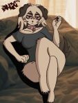 3:4 absurd_res anthro bed black_claws black_clothing black_shirt black_t-shirt black_topwear bottomless breasts canid canine claws clothed clothing collar collar_tag crossed_legs female floppy_ears fur furniture hair half-closed_eyes hi_res long_hair looking_at_viewer mammal narrowed_eyes on_bed pink_collar piper_(thestreetpup) shirt sitting sitting_on_bed solo t-shirt tan_body tan_fur tan_hair topwear wiine