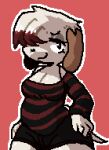 alternative_fashion anthro beagle belly big_belly big_breasts black_bottomwear black_clothing black_shorts bottomwear breasts brown_ears canid canine canis cleavage clothed clothing digital_media_(artwork) domestic_dog emo emo_haircut facial_piercing female fur hair hunting_dog mammal nose_piercing one_eye_obstructed overweight piercing pixel_(artwork) pugzysixtyfour red_hair roxy_boxen scent_hound shorts smug solo thick_thighs white_body white_fur