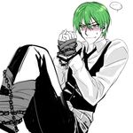  1boy arc_system_works bdsm blazblue blush bondage bound chains duct_tape gloves green_hair hazama male male_focus smile solo white_background yellow_eyes 