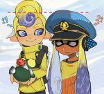  1boy 1girl agent_3_(splatoon) agent_3_(splatoon_3) animal backpack bag blonde_hair blue_eyes blue_hat bra_strap brown_hair captain_3_(splatoon) commentary dark-skinned_female dark_skin dotted_line english_commentary fish frown gradient_hair hat highres holding holding_animal holding_fish inkling jacket military_hat multicolored_hair octoling patchwork_clothes pointy_ears purple_hair sideways_glance smallfry_(splatoon) smile splatoon_(series) splatoon_3 tagasaing tentacle_hair thick_eyebrows yellow_jacket 