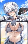  1girl absurdres against_glass bikini blue_eyes blush breast_press breasts breasts_on_glass cleavage cloud dragon_claw dragon_girl dragon_horns dragon_tail dragon_wings g_(genesis1556) highres horns large_breasts monster_girl navel ocean orca original outdoors scales scar shark short_hair smile solo swimsuit tail tsubasa_ryuuji whale white_hair wings 