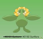 ambiguous_gender artist_logo butt digital_media_(artwork) elemental_creature english_text flora_fauna flower flower_creature generation_2_pokemon green_background green_body hi_res logo nintendo pichu90 plant pokedex_number pokemon pokemon_(species) rear_view simple_background solo strikethrough sunflora text