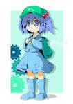  backpack bag blue_eyes blue_hair blush boots character_name gears hair_bobbles hair_ornament hat hecchi_(blanch) kawashiro_nitori key pocket rubber_boots shirt skirt skirt_set smile solo touhou two_side_up 