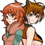  :3 animal_ears antenna_hair back back-to-back bangs bare_shoulders blazblue breasts brown_eyes brown_hair crop_top crossover eito freckles from_side fur_trim hair_ornament hairclip large_breasts light_smile looking_at_viewer lowres makoto_nanaya marvel multicolored_hair multiple_girls parted_lips red_hair short_hair sideboob simple_background small_breasts smile squirrel_ears squirrel_girl_(marvel) superhero trait_connection two-tone_hair upper_body white_background white_hair 