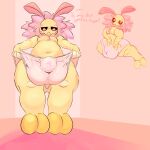 1:1 2026 animal_genitalia antennae_(anatomy) anthro arthropod balls balls_outline big_balls big_sheath bloof_(artist) bulge chest_tuft clothing clothing_pull confusion detailed_bulge dialogue english_text fur genital_outline genitals hi_res huge_balls huge_sheath insect lepidopteran looking_at_self low-angle_view male moth neck_tuft pink_body pink_clothing pink_eyes pink_fur pink_underwear precum_stain putting_on_clothes sheath sheath_outline simple_background sketch slightly_chubby solo standing text toony tuft underwear worm's-eye_view yellow_body