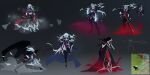  1girl alt_text arm_belt arrow_(projectile) belt belt_buckle black_belt black_boots black_cape black_cloak black_gloves black_leotard black_pants black_tube_top blood blood_on_face boots bow_(weapon) breasts buckle cape cleavage cloak closed_mouth commentary concept_art covered_mouth cropped_torso crossbow dongho_kang dota_(series) dota_2 drow_ranger_(dota) elbow_gloves english_commentary fighting_stance firing floating_cape from_side full_body game_screenshot_inset gloves glowing_arms glowing_hands gradient_background gradient_clothes gradient_leotard grey_background grey_hair hair_between_eyes hair_over_one_eye highres holding holding_arrow holding_bow_(weapon) holding_crossbow holding_weapon hood hood_down hood_up hooded_cape hooded_cloak knee_boots leotard lips long_hair looking_at_viewer looking_to_the_side medium_breasts messy_hair midriff multiple_hairstyles multiple_views nose official_art one_eye_covered pants quiver red_belt red_cape red_eyes red_lips screenshot_inset simple_background sketch_inset standing strapless thigh_boots tube_top variations waist_cape weapon 