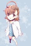  1girl :o ahoge asymmetrical_bangs bare_legs barefoot blue_dress brown_eyes brown_hair child collarbone collared_shirt commentary_request dress flower full_body grey_background hair_between_eyes hinato last_order_(toaru_majutsu_no_index) light_blush long_sleeves looking_at_viewer medium_hair open_clothes open_mouth open_shirt oversized_clothes oversized_shirt polka_dot polka_dot_dress shirt short_dress sleeveless sleeveless_dress sleeves_past_wrists solo standing toaru_majutsu_no_index white_polka_dots white_shirt 