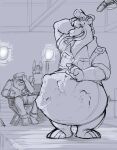 2026 actor anthro anthro_pred baloo bashful belly belt big_belly blush blush_lines bodily_fluids body_outline boom_microphone claws clipboard clothing director director's_chair disney electronics eyewear facepalm felid film_studio fur glasses greyscale group hair hand_behind_head hat headgear headphones headwear hi_res huge_belly inside lagomorph larger_pred leporid lion male male_pred mammal microphone monochrome movie_set open_mouth pandottermon pantherine rabbit shirt size_difference smile standing struggling struggling_prey studio studio_lights sweat sweatdrop talespin teeth the_jungle_book topwear trio vore willing_pred