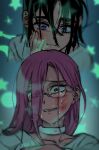  2girls absurdres alien_stage black_hair bob_cut collar glasses hair_between_eyes highres koaen0024 long_hair mizi_(alien_stage) multiple_girls pink_hair purple_eyes short_hair smile sua_(alien_stage) yellow_eyes 