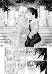  2girls bag bench blush cardigan closed_eyes dappled_sunlight day eye_contact greyscale handbag highres kiss long_hair looking_at_another monochrome multiple_girls original outdoors pants park_bench ponytail ssrbonknow sunlight sweat tree yuri 