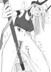  1girl absurdres arknights bad_anatomy bad_hands bar_censor bare_shoulders black_horns black_sports_bra blush breasts censored cleavage commentary_request crop_top demon_horns earrings greyscale hammer highres holding holding_hammer horns illililli1226 infection_monitor_(arknights) jewelry large_breasts long_hair material_growth midriff monochrome mudrock_(arknights) mudrock_(elite_ii)_(arknights) navel no_panties oripathy_lesion_(arknights) orirock_(arknights) pee pee_puddle peeing pointy_ears pussy simple_background sledgehammer solo speech_bubble sports_bra spread_legs squatting trembling war_hammer weapon 