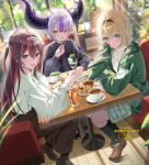  3girls :d absurdres azki_(hololive) black_hairband black_socks blonde_hair blue_eyes blush braid closed_mouth commentary_request cup dessert double-parted_bangs drinking_glass food hair_between_eyes hair_intakes hairband highres holding holding_spoon hololive horns huge_horns indoors ka_ke_05 kazama_iroha kneehighs la+_darknesss light_rays loafers long_hair looking_at_viewer multicolored_hair multiple_girls open_mouth parted_lips penny_loafers plaid_clothes plaid_skirt purple_hair red_hair shoes short_hair sitting skirt smile socks spoon streaked_hair sunlight sweater table teacup upper_body virtual_youtuber white_sweater window wine_glass wooden_floor 