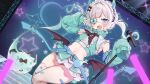 1girl :3 absurdres aiboo_(mint_fantome) aqua_hair aqua_horns aqua_nails aqua_skirt aqua_sleeves armband armpits bandaid bandaid_on_leg bandaid_on_thigh belt black_bow blue_armband blue_belt blue_eyes blunt_bangs blush bow breasts buckle chuunibyou commentary crop_top curly_sidelocks demon_horns demon_wings detached_sleeves english_commentary eyepatch fake_horns fang feet_out_of_frame frilled_eyepatch frilled_hairband frills ghost ghost_girl glowstick gradient_hair hair_bow hair_intakes hairband hand_up heart heart-shaped_buckle heart_eyepatch highres holding holding_glowstick holding_microphone_stand horn_hairband horns indie_virtual_youtuber jersey long_sleeves looking_at_viewer low_wings medium_hair microphone_stand midriff miniskirt mint_fantome mint_fantome_(demon) multicolored_hair multicolored_skirt navel oimo_0imo open_mouth penlight_(glowstick) pointy_ears second-party_source shirt single_thighhigh skin_fang skirt sleeveless sleeveless_shirt sleeveless_turtleneck sleeves_past_fingers sleeves_past_wrists small_breasts smile solo_focus stage stage_lights stairs swept_bangs thick_thighs thighhighs thighs turtleneck twintails virtual_youtuber whiskers white_hair white_skirt white_thighhighs wings 