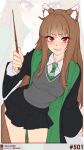  1girl absurdres animal_ears black_cloak black_skirt blush breasts brown_hair cloak commentary cosplay diagonal-striped_clothes diagonal-striped_necktie english_commentary green_necktie grey_sweater_vest harry_potter_(series) highres hogwarts_school_uniform holding holding_wand holo likunea long_hair looking_at_viewer malfoid malfoid_(cosplay) medium_breasts necktie open_mouth patreon_logo patreon_username pleated_skirt red_eyes school_uniform shirt skirt slytherin spice_and_wolf standing striped_clothes striped_necktie sweater_vest tail thighs twitter_username twitter_x_logo wand white_shirt wizarding_world wolf_ears wolf_girl wolf_tail zoom_layer 