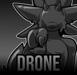 2026 2_horns anthro avali black_clothing black_latex black_skinsuit claws clothing drone english_text gesture hand_gesture hi_res horn latex latex_clothing latex_skinsuit lavali male monochrome pointing pointing_at_viewer rem_phase skinsuit solo text tight_clothing