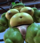 3d_(artwork) amphibian belly big_muscles big_pecs blue_eyes clothing countershade_torso countershading digital_media_(artwork) frog green_body hat headgear headwear hi_res jockstrap looking_at_viewer male muscular muscular_male navel nintendo nipples pecs psyertitan slippy_toad solo star_fox toad_(frog) underwear wearing_hat