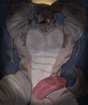 abs absurd_res anthro balls biceps black_sclera clothing costume creepy creepy_face digital_media_(artwork) erection fur genitals glans hair halloween halloween_costume halloween_themed hi_res holidays hyena looking_at_viewer male mali_(malitheyeen) mammal mummy_costume mummy_wrappings muscular muscular_anthro muscular_male musk musky_armpit nude pecs penis simple_background solo tail teeth tongue tongue_out vein veiny_penis wartzagon yellow_eyes