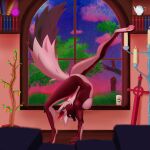 1:1 4_toes 5_fingers action_pose anthro canid canine detailed_background dr_octopotomai english_text feet female fingers flexible fur hair hi_res mammal mane mane_hair melee_weapon multicolored_body multicolored_fur muscular muscular_arms nipples plant pointy_ears pose solo sunset sword teeth teeth_showing text toes tree two_tone_body two_tone_fur weapon