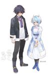  1boy 1girl absurdres aged_down bandaged_hand bandages bandaid bandaid_on_cheek bandaid_on_face black_hair black_jacket black_pants blue_dress blue_hair boots chibi closed_mouth dress full_body fur_trim genshin_impact highres holding horns jacket kradebii long_sleeves odette_(genshin_impact) pants purple_eyes purple_scarf scarf short_hair simple_background standing sweater twitter_username valeriy_(genshin_impact) white_background white_sweater 