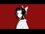  1girl absurdres breasts butterfly_hair_ornament closed_mouth commentary_request demon_slayer_uniform gongmi greyscale greyscale_with_colored_background hair_ornament haori highres japanese_clothes kimetsu_no_yaiba kochou_shinobu letterboxed looking_at_viewer medium_breasts monochrome no_pupils parted_bangs red_background short_hair sidelocks simple_background solo turning_head upper_body 
