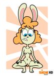 2023 blue_eyes border breasts c.dash37 colored crouching female frown genitals hair hi_res lagomorph leporid logo mammal nervous nickelodeon nude on_model orange_hair rabbit signature simple_background small_waist smile solo style_emulation t.u.f.f._puppy tammy_(t.u.f.f._puppy) vulva white_body white_border