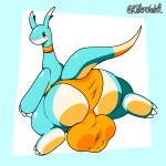 2026 anthro balls_outline big_bulge big_butt blush bulge butt cel_shading choker claws clothing detailed_bulge dipstick_ears dipstick_tail ear_markings elphidran feet genital_outline geometric_background glistening glistening_body glistening_butt hi_res huge_bulge jewelry killerwhale0 long_neck looking_back male markings missing_wings multicolored_ears necklace orange_choker orange_clothing orange_jewelry orange_necklace orange_underwear pal_(species) palworld pocketpair semi-anthro shaded simple_background solo tail tail_markings thick_thighs toony underwear