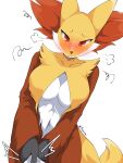 2026 anthro big_breasts black_body black_fur blush blush_lines breast_curtains breasts byuzu07 canid canine cheek_tuft cleavage clothed clothing countershading delphox digital_drawing_(artwork) digital_media_(artwork) eyelashes facial_tuft fangs female female_anthro fox front_view fur generation_6_pokemon grabbing_viewer hi_res mammal navel_outline nintendo orange_body orange_fur pokemon pokemon_(species) pseudo_clothing pupils red_body red_eyes red_fur shirt_grab slit_pupils solo tail teeth tuft white_body white_countershading white_fur yellow_body yellow_fur