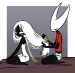 absurd_res anthro arthropod bed blush boopie bottomwear brush brushing brushing_hair butt clothing digital_drawing_(artwork) digital_media_(artwork) duo female female/female flat_chested furniture grey_bottomwear grey_clothing grey_shorts hair hairbrush happy hi_res hollow_knight:_silksong hollow_knight_(franchise) hornet_(hollow_knight) kneeling lace_(hollow_knight:_silksong) long_hair looking_at_another narrowed_eyes on_bed personal_grooming red_clothing red_shirt red_topwear segmented_body shirt shorts simple_background sitting sleepwear styling_hair t-shirt team_cherry topwear