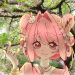  1girl \m/ bead_necklace beads bell brown_eyes cherry_blossoms chinese_clothes chinese_commentary closed_mouth commentary_request commission day dot_nose double_bun earrings eyelashes flower flower_earrings flower_necklace hair_bell hair_bun hair_flower hair_intakes hair_ornament hair_over_shoulder hair_rings hair_tubes hanfu happy highres holding infinity_nikki jewelry leaf_hair_ornament long_hair long_sleeves looking_at_viewer low_twintails lsrihruey making-of_available necklace nikki_(nikki) nikki_(series) outdoors photo_background pink_flower pink_hair pink_hanfu rabbit_hair_ornament sample_watermark sky smile solo spring_(season) tassel tassel_hair_ornament too_many_watermarks tree twintails under_tree upper_body watermark white_sky 