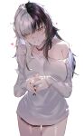  1girl absurdres black_collar black_hair black_nails black_shorts breasts cleavage collar colored_inner_hair dolphin_shorts hair_between_eyes hair_intakes hands_up heart highres hololive hololive_english huge_breasts kurochanai long_hair long_sleeves messy_hair multicolored_hair nail_polish off_shoulder own_hands_together parted_lips shiori_novella shirt short_shorts shorts simple_background sitting_on_water smile solo split-color_hair thighs two-tone_hair virtual_youtuber white_background white_hair white_shirt yellow_eyes 