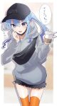  1girl baseball_cap black_hat black_shorts blue_eyes blue_hair blue_nails border commentary_request cropped_legs cup disposable_coffee_cup disposable_cup english_text fanny_pack flying_sweatdrops grey_jacket hair_between_eyes halftone halftone_background hat highres holding holding_cup hololive hood hood_down hooded_jacket hoshimachi_suisei jacket long_hair long_sleeves mask mask_pull mouth_mask open_mouth orange_thighhighs ponte_irai ponytail shorts smile solo star_(symbol) star_in_eye sweatdrop symbol_in_eye thighhighs torn_clothes torn_shorts virtual_youtuber white_border 