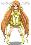  blush boots bow brown_hair bubble_skirt choker cure_muse_(yellow) doujinshi frills fukurokouji full_body knee_boots long_hair panties panty_pull precure ribbon shirabe_ako simple_background skirt solo standing suite_precure sweat underwear very_long_hair white_background white_panties yellow_bow yellow_choker yellow_skirt 