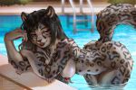 anthro big_breasts big_butt black_hair black_spots breasts butt dripping_wet exposed exposed_breasts fangs felid feline female fluffy_fur fur grey_body grey_fur hair hand_on_head krematoria leaning leaning_forward looking_at_viewer mammal markings nipples nude outside pantherine pool_ladder purple_eyes slightly_chubby smile snow_leopard solo spots spotted_body spotted_fur swimming_pool teeth thick_thighs water water_drop wet wet_body wet_fur wide_hips