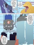 2020 agumon anthro bandai_namco bodily_fluids comic cum datamon digimon digimon_(species) english_text forced geng genital_fluids green_pupils hi_res machine machine_bondage male milking_cum milking_machine muscular muscular_anthro muscular_male nude_anthro nude_male pupils rape right_to_left sex sharp_teeth submissive submissive_male teeth text url yellow_body yellow_skin