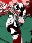  2boys abstract ahzxrylmqaifyzq backpack bag blood blood_on_clothes blood_splatter bow bowtie cable child collared_shirt commentary commentary_request covered_face flat_color floating gas_mask green_background green_eyes green_hair green_sky grey_eyes heterochromia highres holding_strap jacket looking_ahead male_focus mamiya_(touma) mask mole mole_under_eye multiple_boys necktie outstretched_arms parted_lips partially_colored school_uniform sekai_metsubou_kyouyuu_gensou_mamiya shirt short_hair sky solo_focus standing suit sweater toujou_minato untranslatable_commentary upside-down utility_pole v-neck 