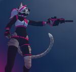 absurd_res accessory anthro biped bone bone_mask bottomwear breasts clothed clothing countershade_fur countershading dawnlux dewast_(matralogia) digital_media_(artwork) dipstick_tail domestic_cat felid feline felis female fingers fur gloves gun hair hair_accessory hair_tie handgun handwear hat headgear headwear hi_res highlights_(coloring) holding_gun holding_object holding_ranged_weapon holding_weapon leg_wrap magazine_(gun) mammal markings mask multicolored_body multicolored_fur pink_hair ranged_weapon simple_background skull skull_mask solo standing tail tail_markings tied_hair topwear tuft weapon white_body white_fur white_hair yellow_eyes