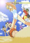  2000s_(style) 3boys 5girls archer_(fate) artoria_pendragon_(fate) beach bikini black_hair black_shorts blindfold blonde_hair blue_one-piece_swimsuit blue_sky breasts buried buried_in_sculpted_sand closed_eyes closed_mouth commentary_request dark-skinned_male dark_skin day elehime emiya_shirou excalibur_(fate/stay_night) fate/stay_night fate_(series) food fruit fundoshi holding holding_sword holding_weapon illyasviel_von_einzbern japanese_clothes kotomine_kirei lens_flare long_hair matou_sakura medusa_(fate) medusa_(rider)_(fate) multiple_boys multiple_girls one-piece_swimsuit open_mouth orange_hair outdoors pink_bikini purple_hair red_bikini red_shirt saber_(fate) shirt short_hair shorts sky small_breasts smile standing suikawari sun swimsuit sword tohsaka_rin watermelon weapon white_hair white_one-piece_swimsuit 